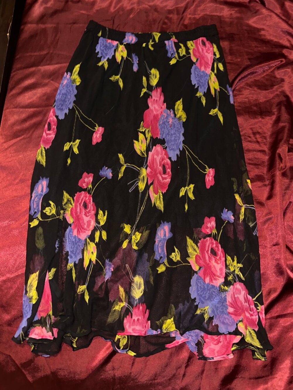Vintage Black Maxi Skirt with Pink and Purple Floral Print
